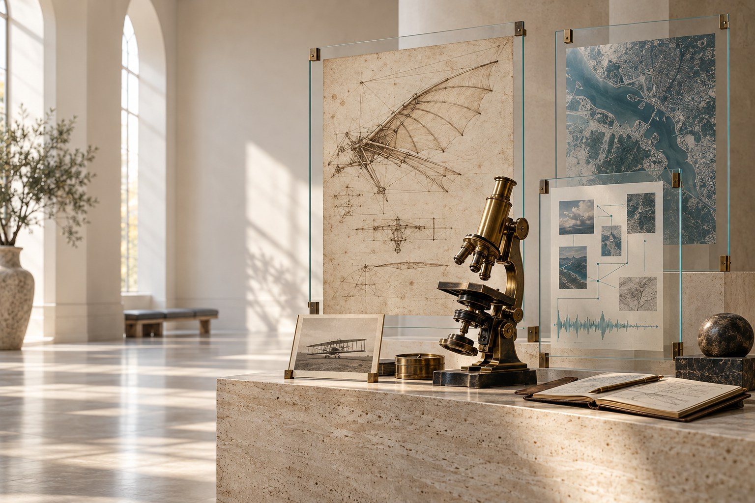 Conceptual gallery of historical engineering records, a microscope and connected digital source panels.