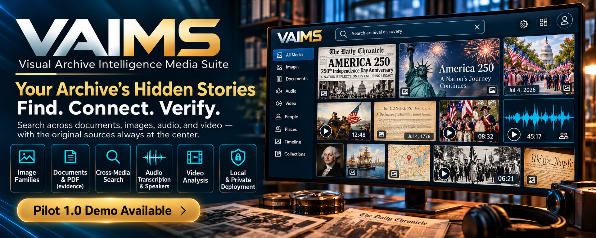VAIMS: Your Archive’s Hidden Stories. Find. Connect. Verify. Promotional artwork showing historical records beside an illustrative mixed-media interface. Pilot 1.0 demo available.